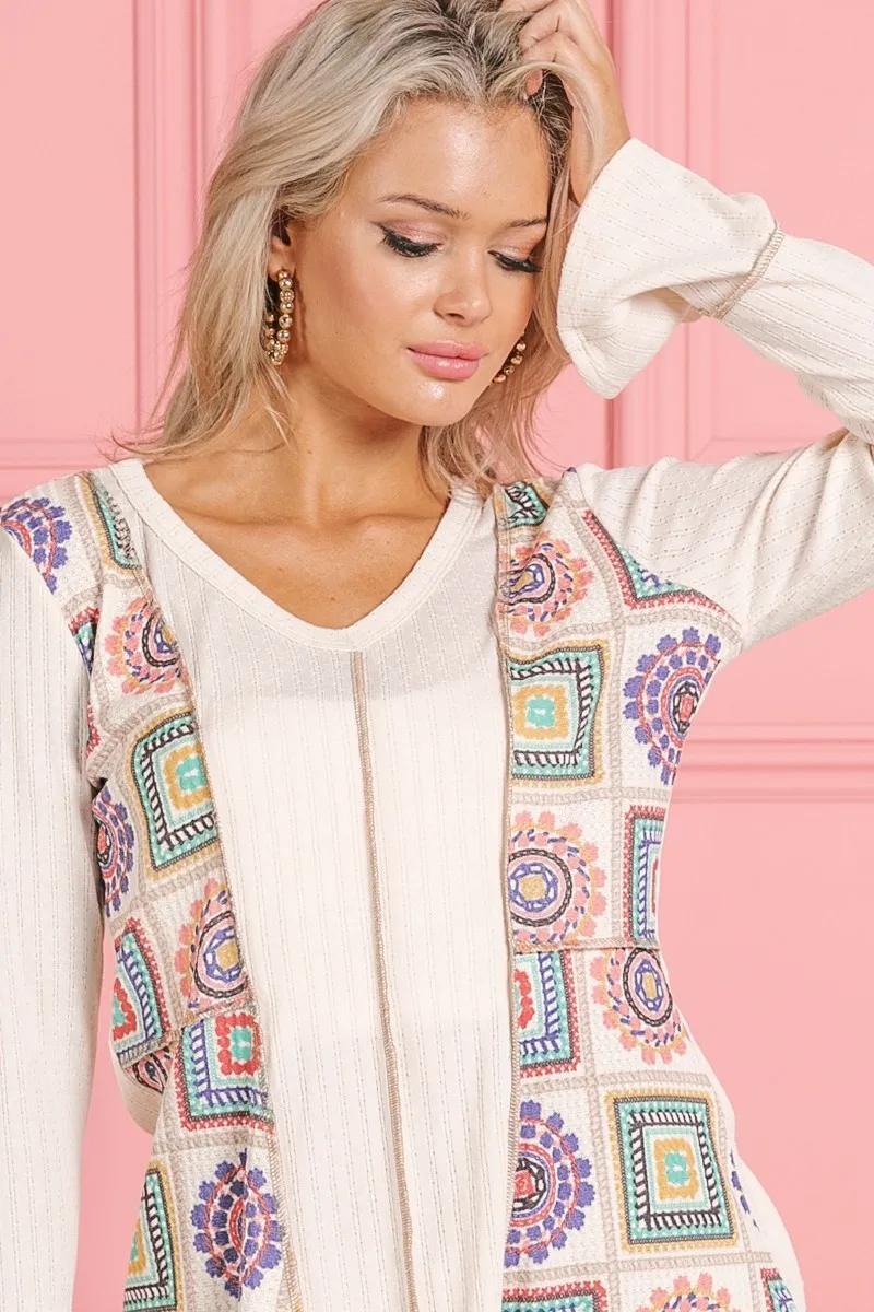 BiBi Granny Square Print Contrast Annie Rib V Neck Top - Image 19