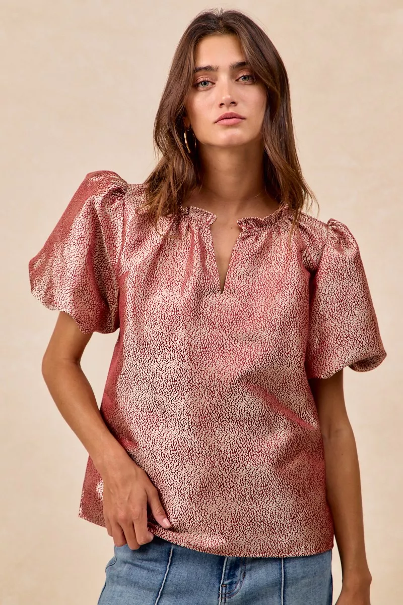 BiBi Jacquard Woven Short Balloon Sleeves V Neck Top - Image 11