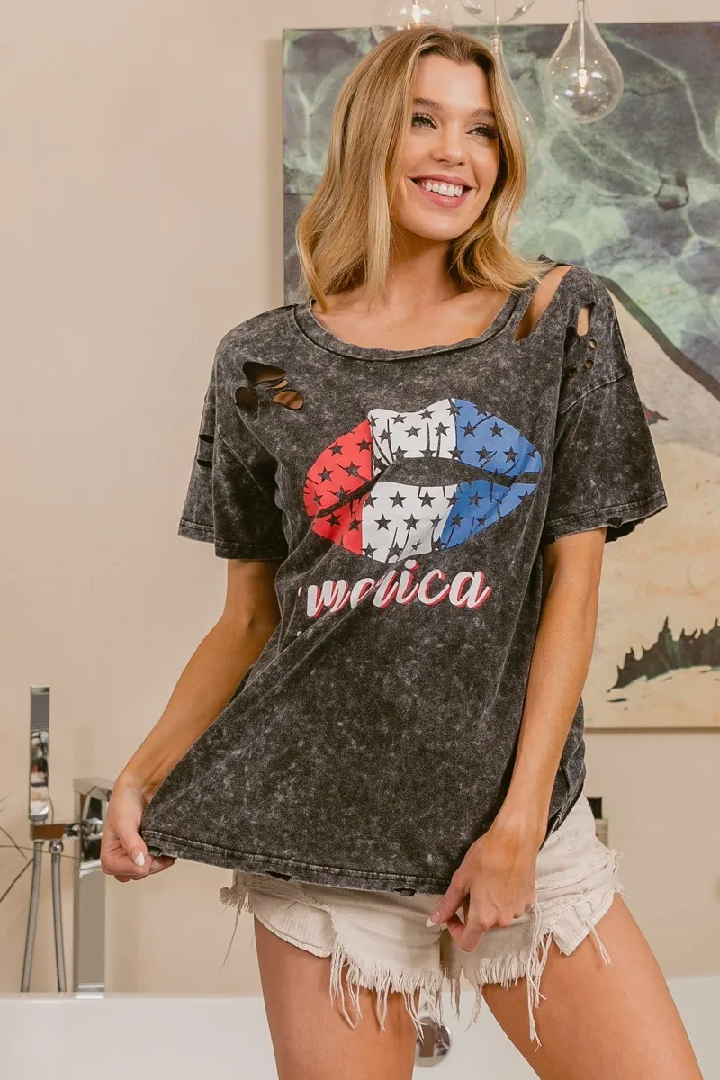 BiBi Laser Cut Mineral Washed Old Glory Lip Print Top - Image 7