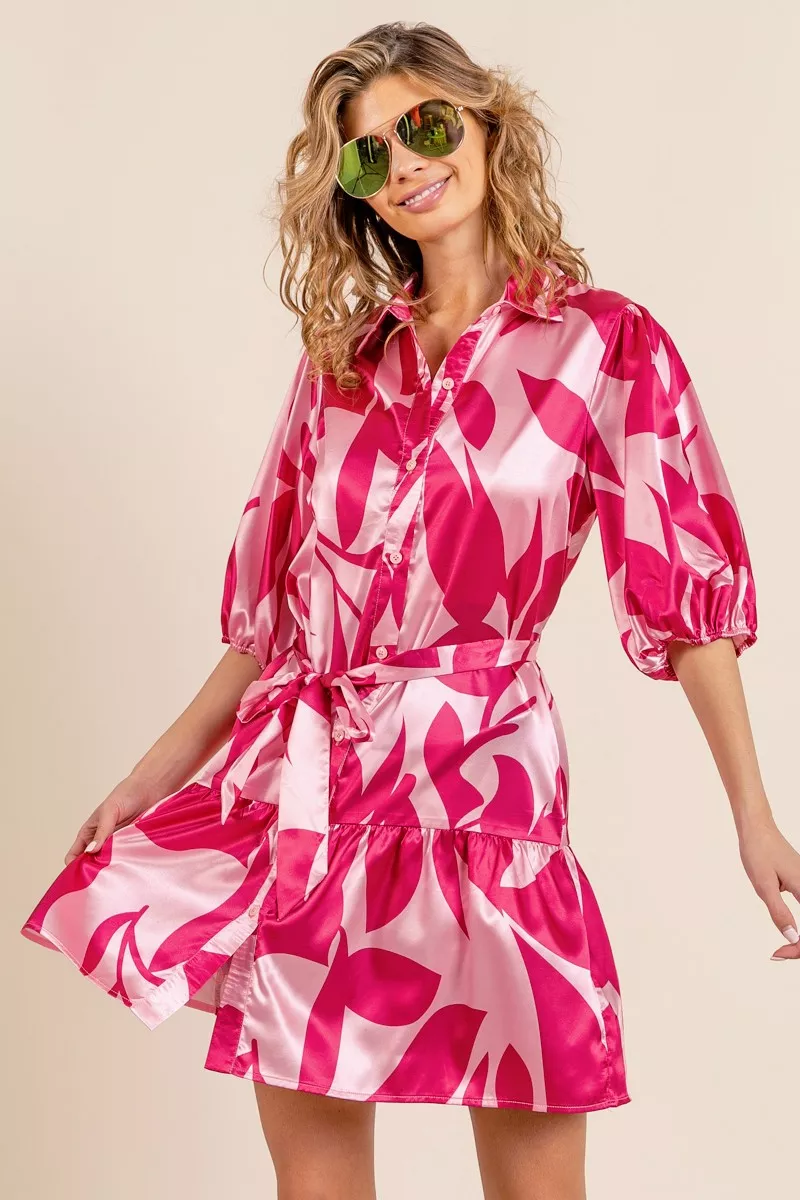 BiBi Leaf Pattern Collared Satin Dress - Image 2