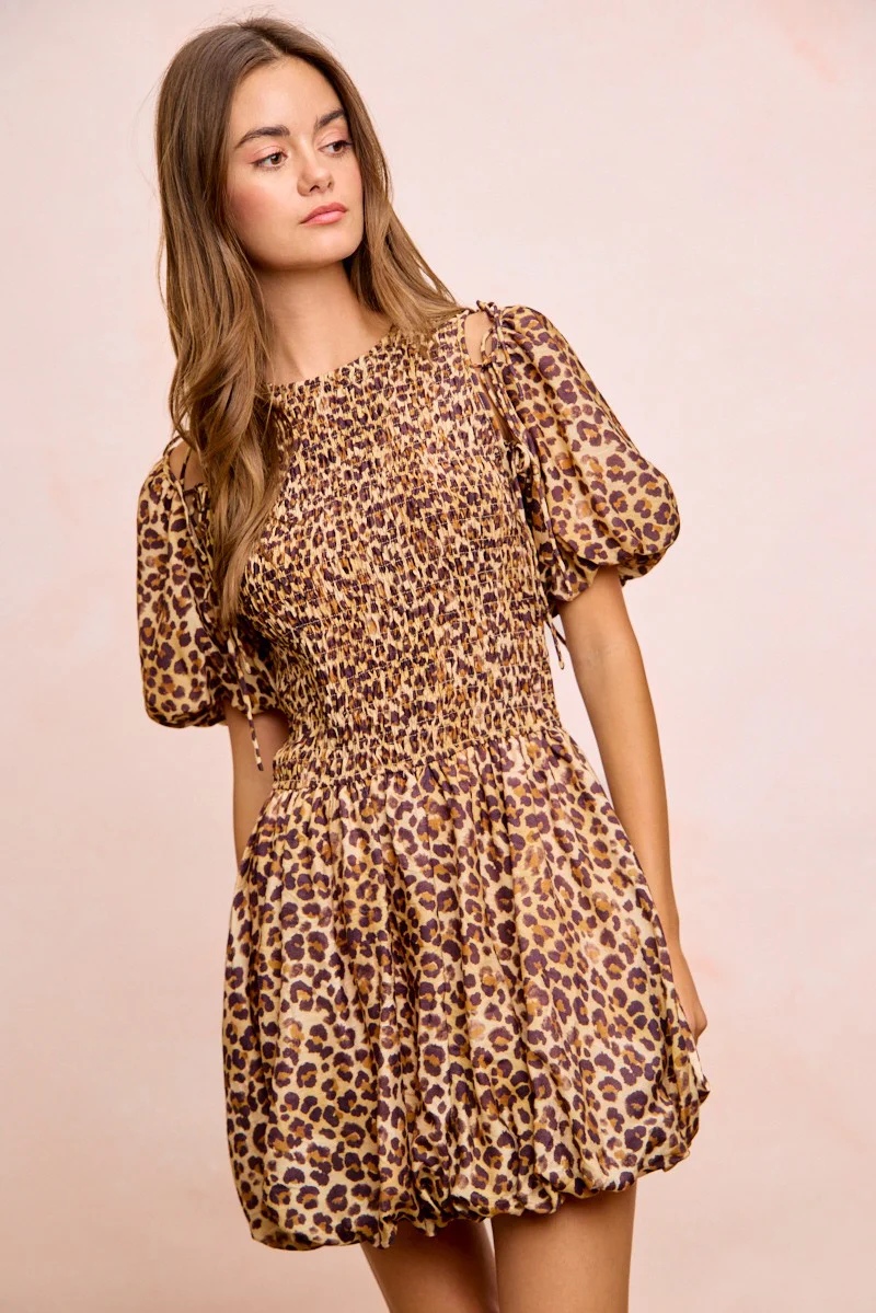 BiBi Leopard Bow Tie Attachable Puff Sleeves Dress - Image 11