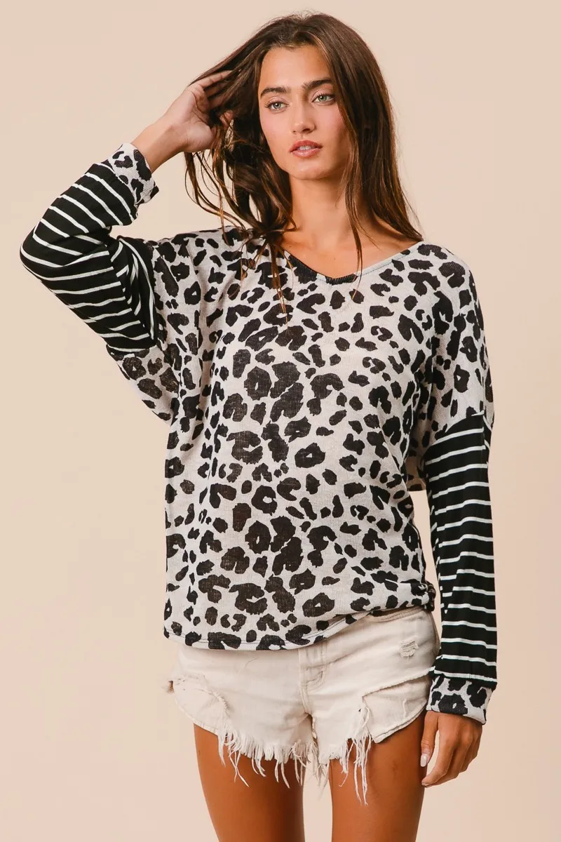 BiBi Leopard Hacci Knit Twist Back Top With Stripe Sleeve - Image 7