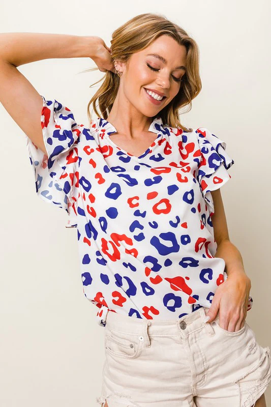 BiBi Leopard Notched Ruffled Cap Sleeve Blouse - Image 4