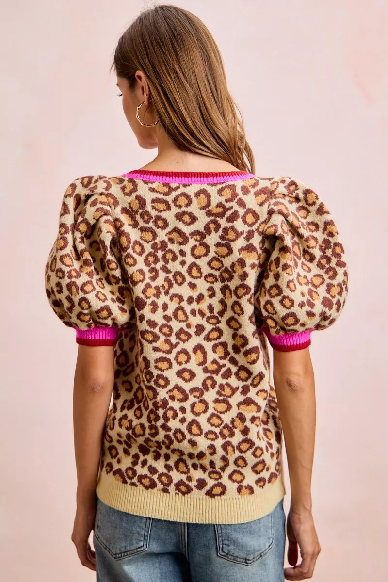 BiBi Leopard Pattern Puff Sleeve V-neck Sweater Top - Image 6