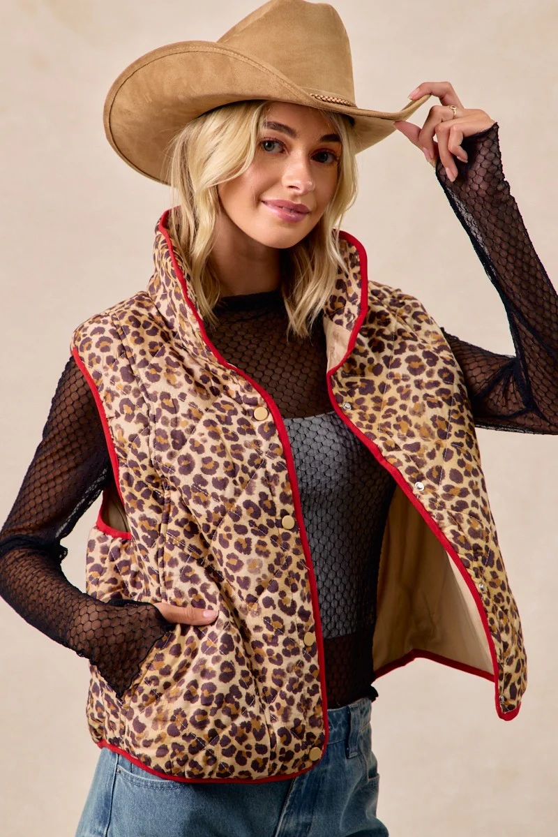 BiBi Leopard Print Piping Detail Quilted Vest - Image 2