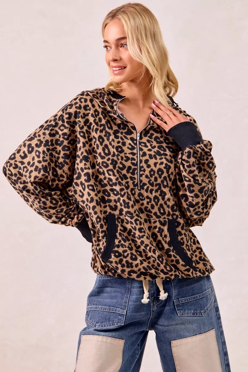 BiBi Leopard Print Waffle Half Zip Up Hoodie W Pocket - Image 12