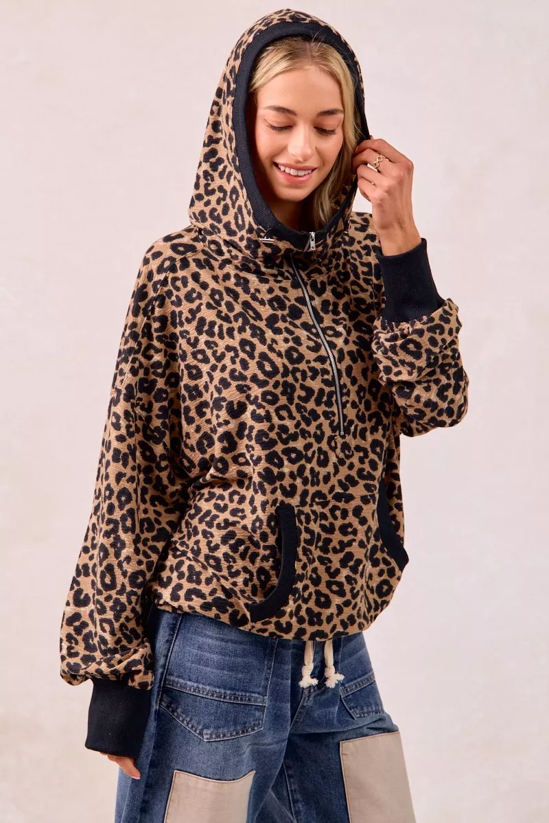 BiBi Leopard Print Waffle Half Zip Up Hoodie W Pocket - Image 8