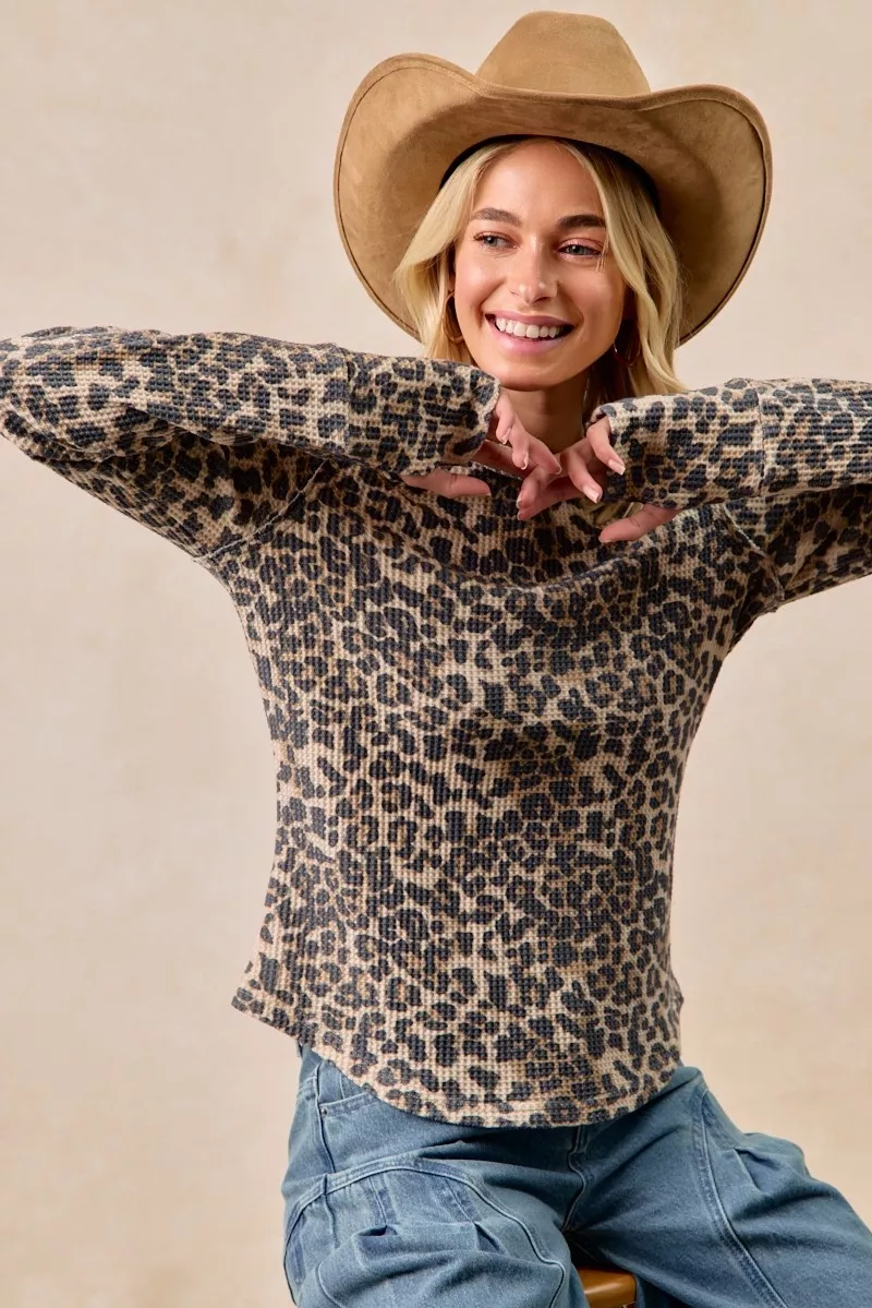 BiBi Leopard Print Washed Waffle Thermal Top with Thumb - Image 4