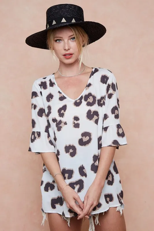 BiBi Leopard Printed V Neck Woven Top with Ruffled