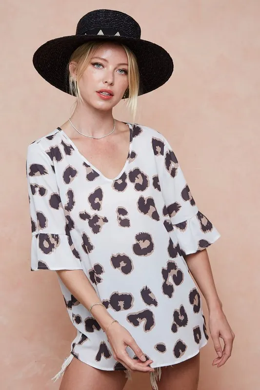 BiBi Leopard Printed V Neck Woven Top with Ruffled - Image 13