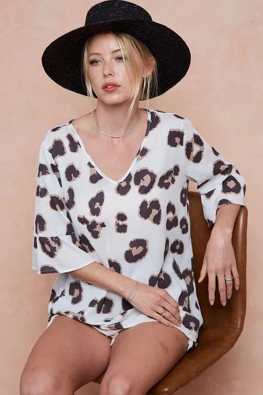 BiBi Leopard Printed V Neck Woven Top with Ruffled - Image 3
