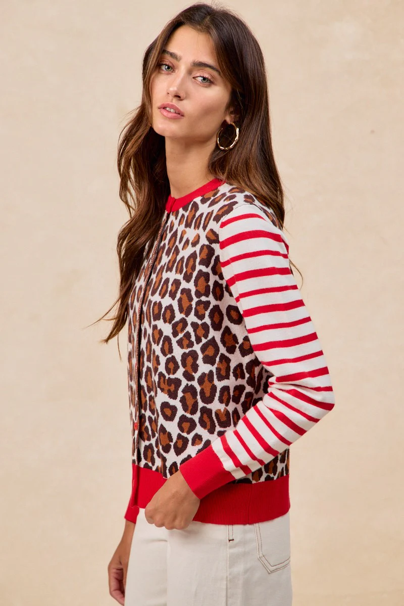 BiBi Leopard With Stripe Combo Buttoned Cardigan - Image 10