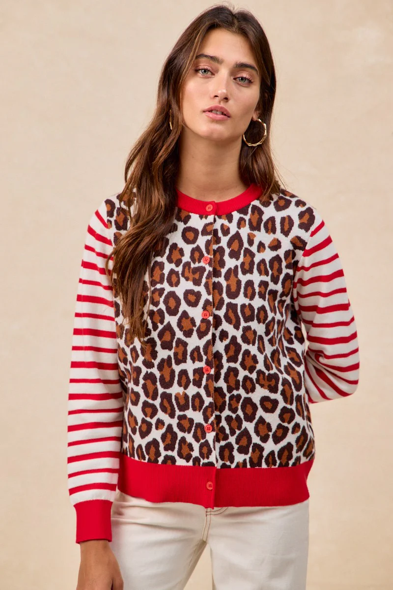 BiBi Leopard With Stripe Combo Buttoned Cardigan - Image 11