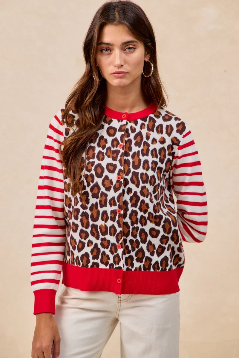 BiBi Leopard With Stripe Combo Buttoned Cardigan - Image 14