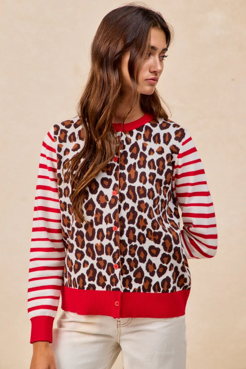 BiBi Leopard With Stripe Combo Buttoned Cardigan - Image 15