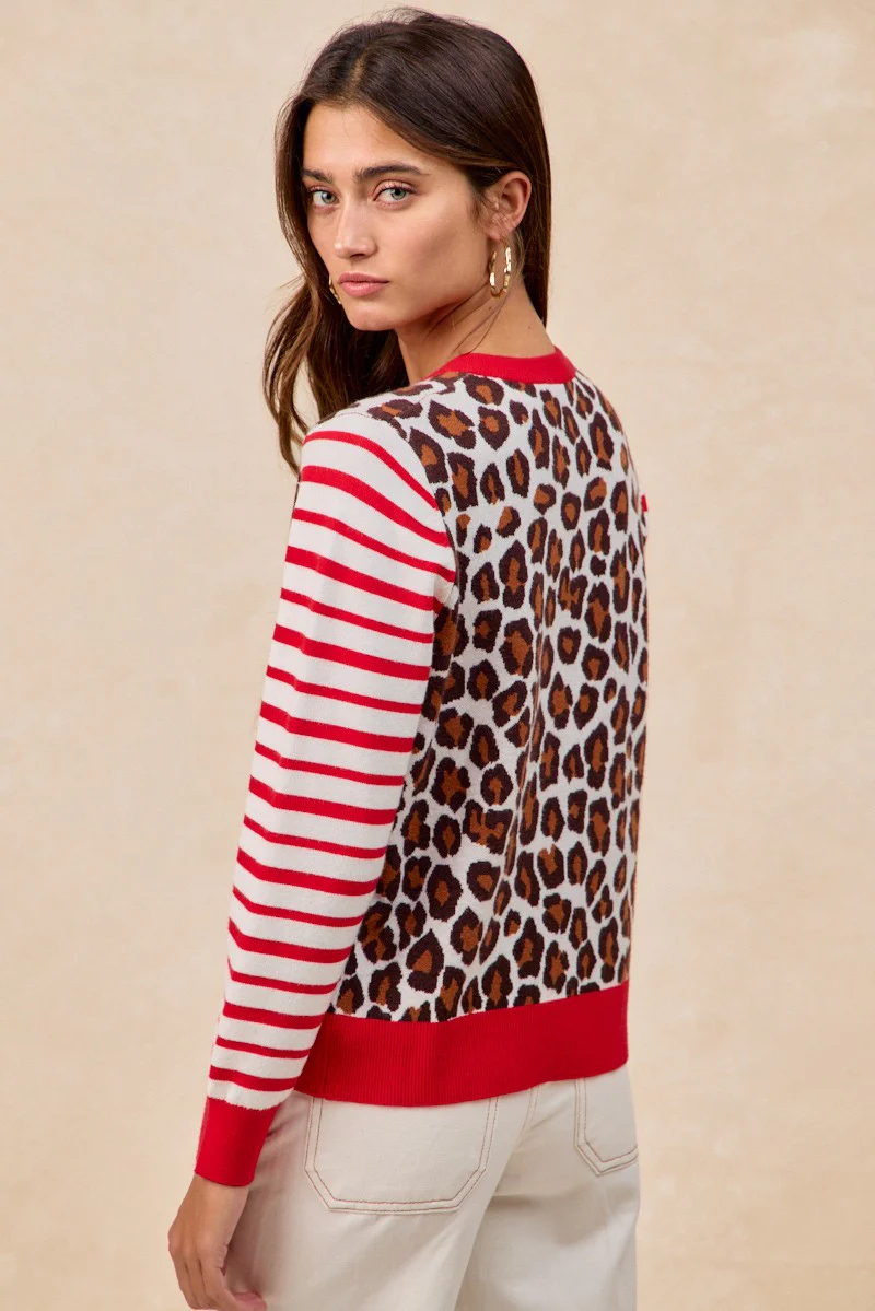BiBi Leopard With Stripe Combo Buttoned Cardigan - Image 16