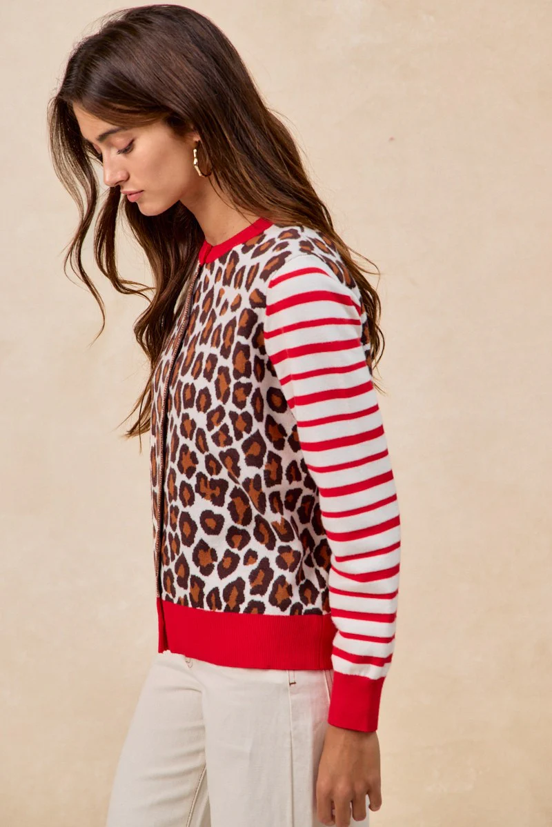 BiBi Leopard With Stripe Combo Buttoned Cardigan - Image 5