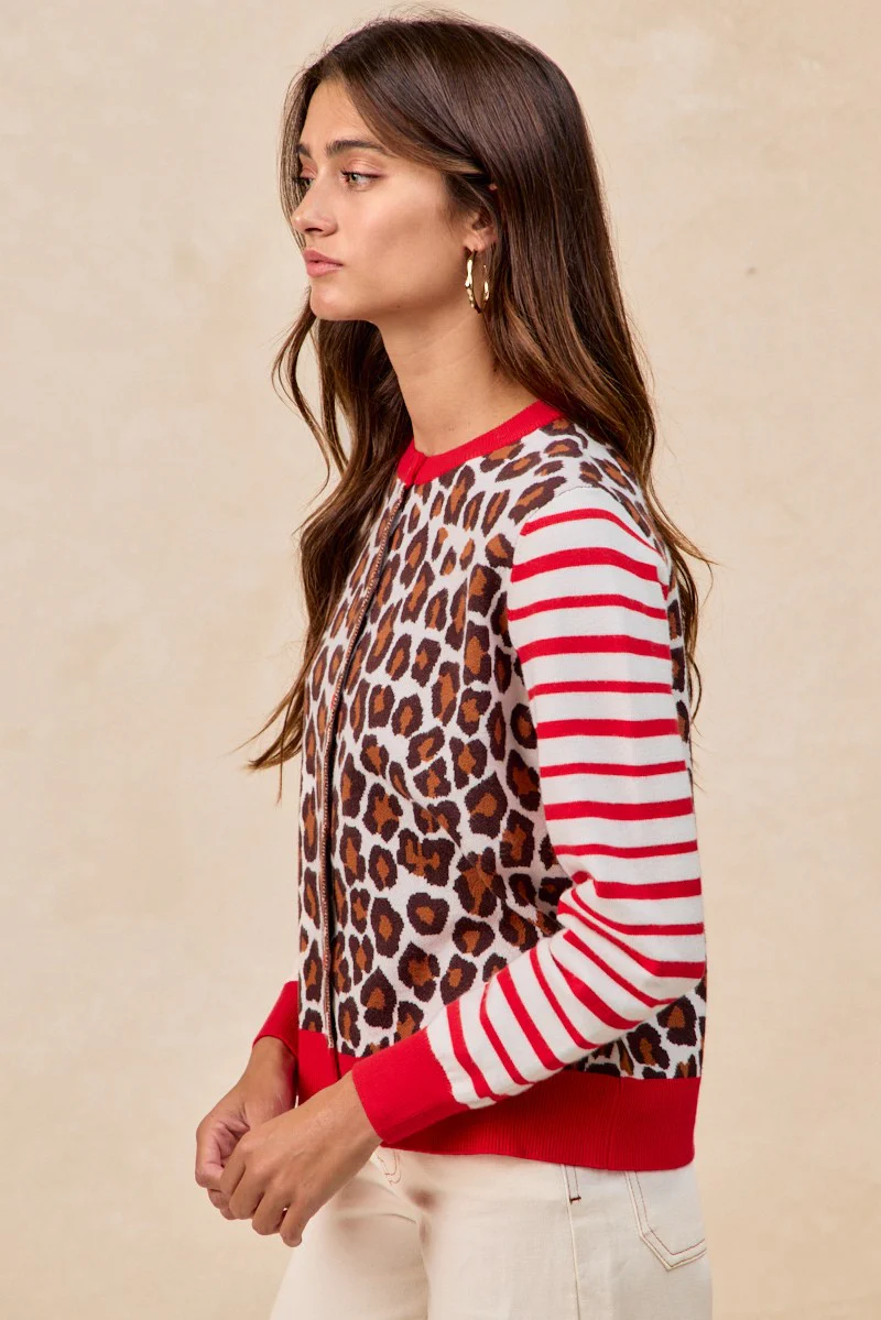BiBi Leopard With Stripe Combo Buttoned Cardigan - Image 6