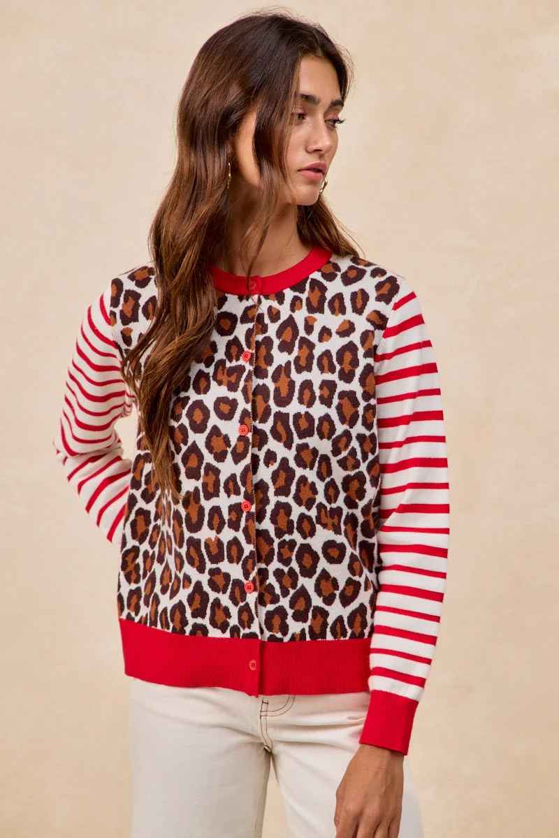BiBi Leopard With Stripe Combo Buttoned Cardigan - Image 7