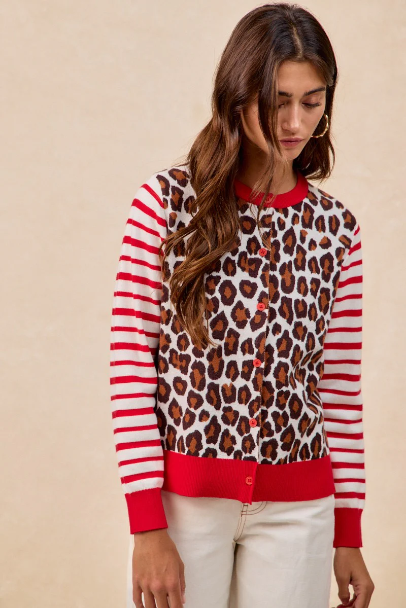 BiBi Leopard With Stripe Combo Buttoned Cardigan - Image 8