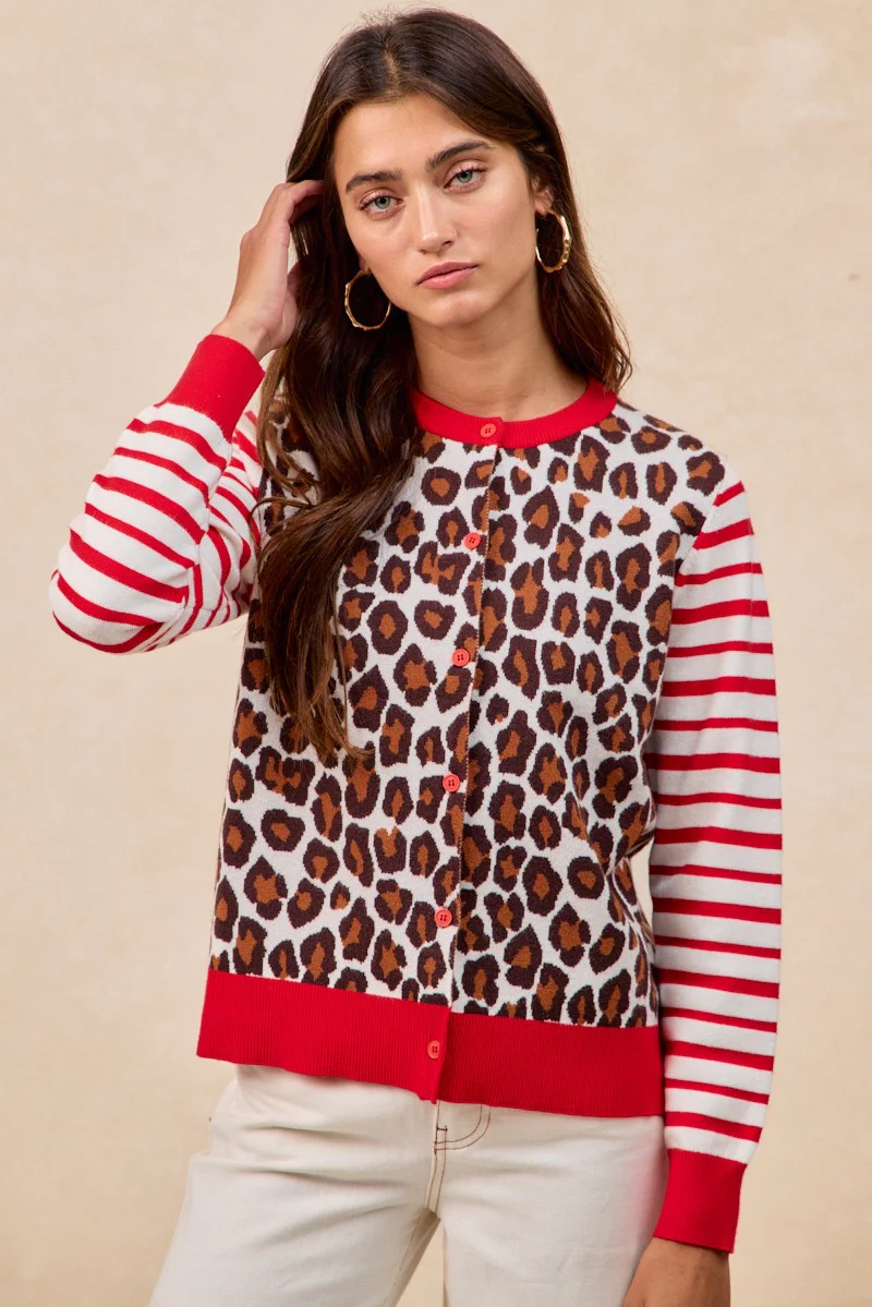 BiBi Leopard With Stripe Combo Buttoned Cardigan - Image 9