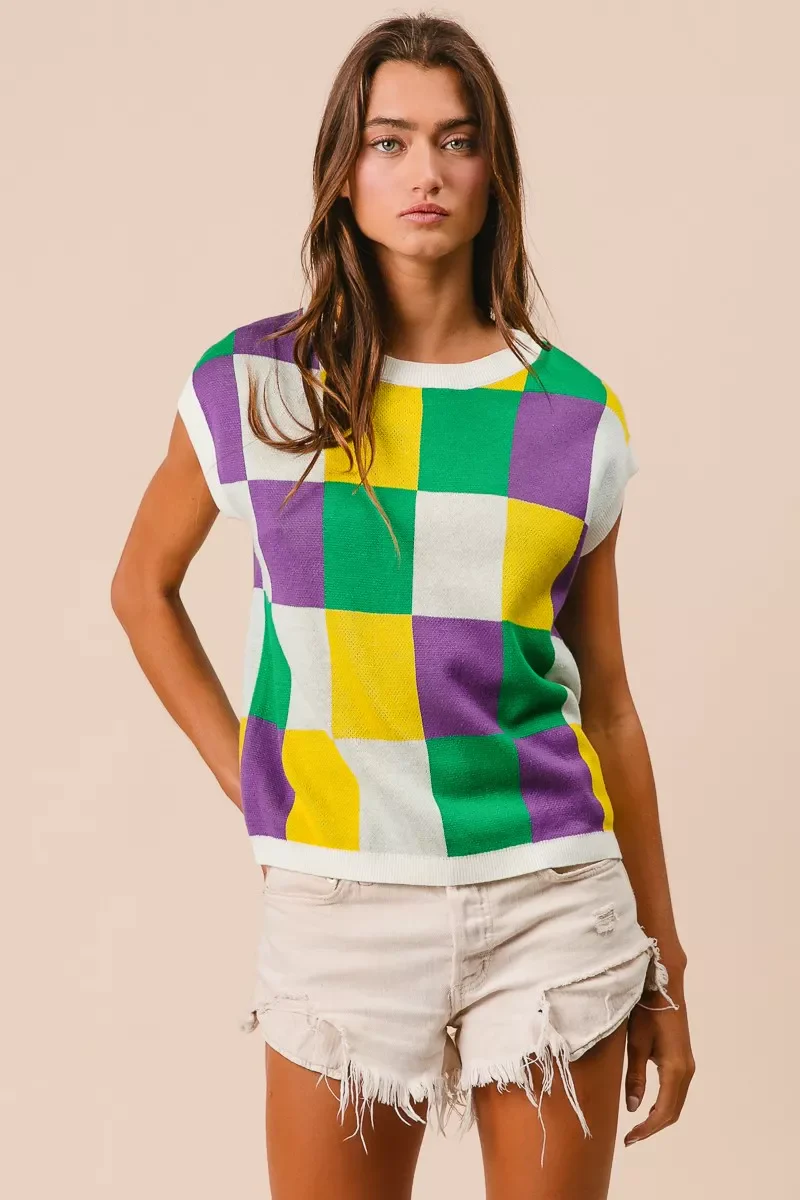 BiBi Mardi Gras Checker Pattern Sleeveless Sweater Top - Image 18
