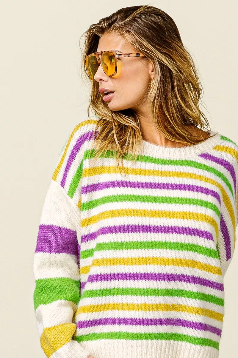 BiBi Mardi Gras Colors Stripe Comfy Sweater - Image 2