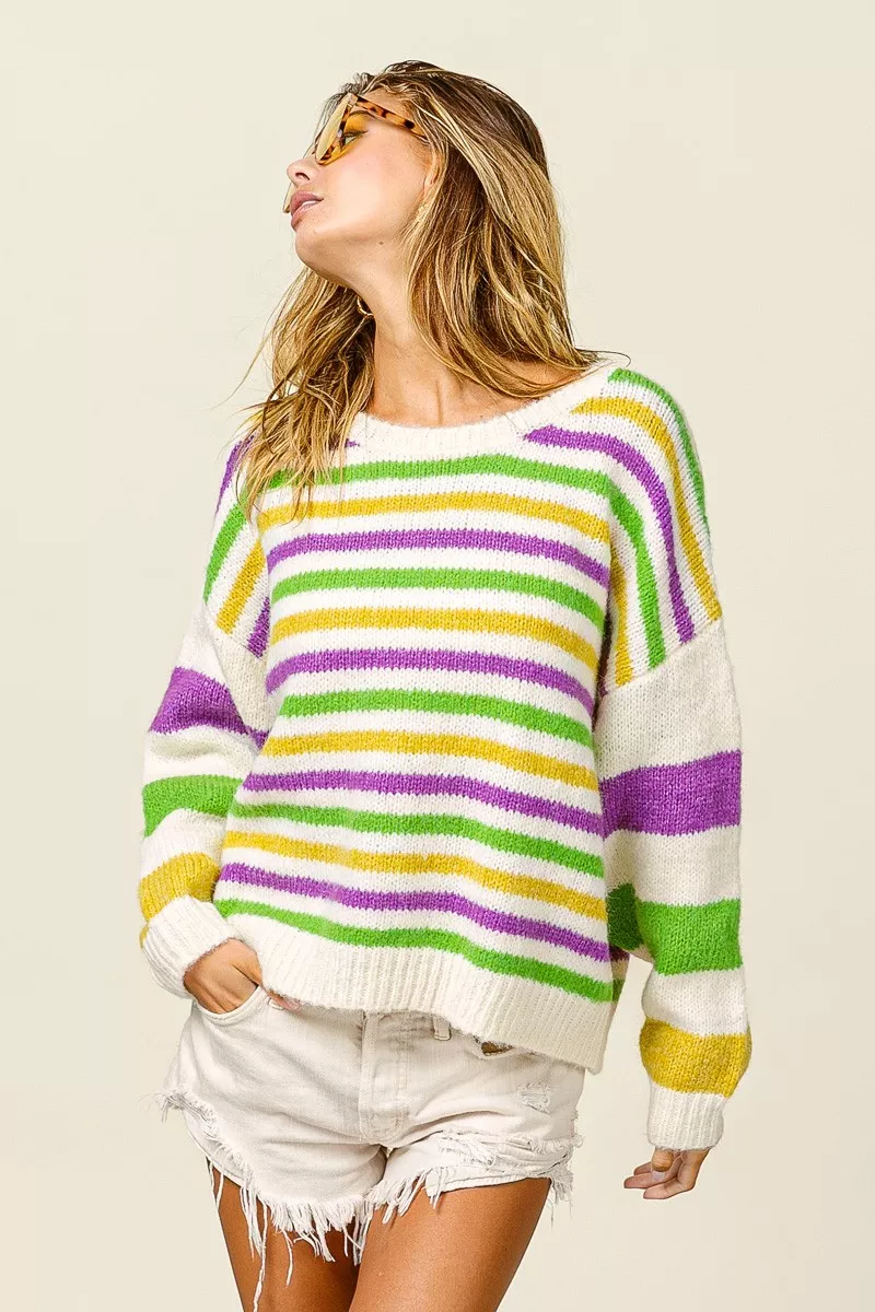 BiBi Mardi Gras Colors Stripe Comfy Sweater - Image 4