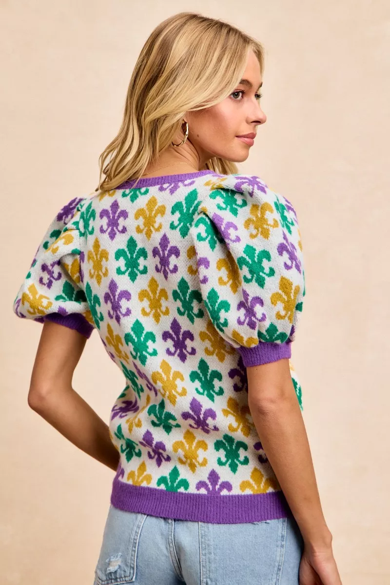 BiBi Mardi Gras Fleur De Lis Patterned V Neck Knit Top - Image 13