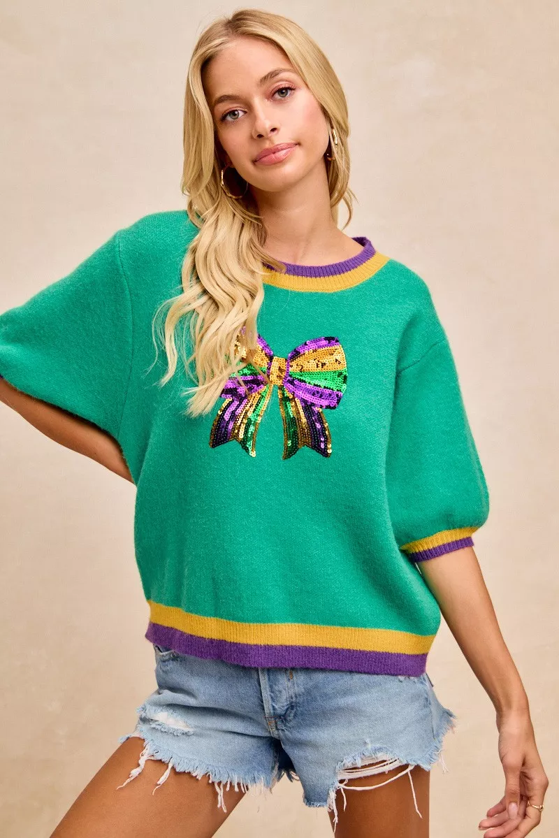 BiBi Mardi Gras Sequin Ribbon Patched Sweater - Image 2