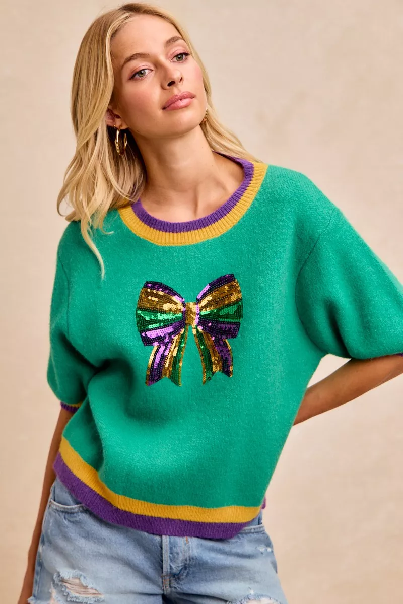 BiBi Mardi Gras Sequin Ribbon Patched Sweater - Image 3
