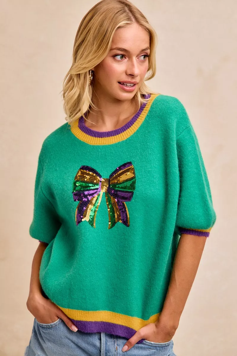 BiBi Mardi Gras Sequin Ribbon Patched Sweater - Image 4