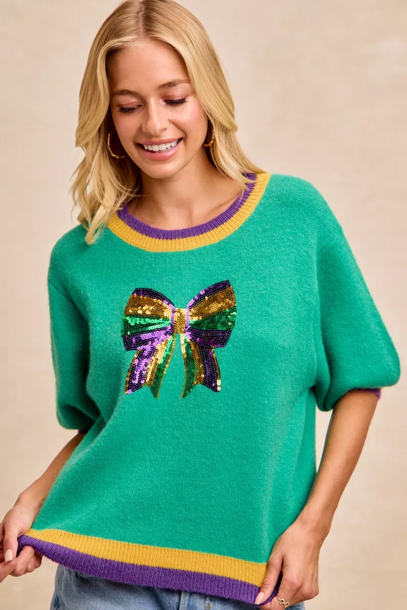 BiBi Mardi Gras Sequin Ribbon Patched Sweater - Image 5