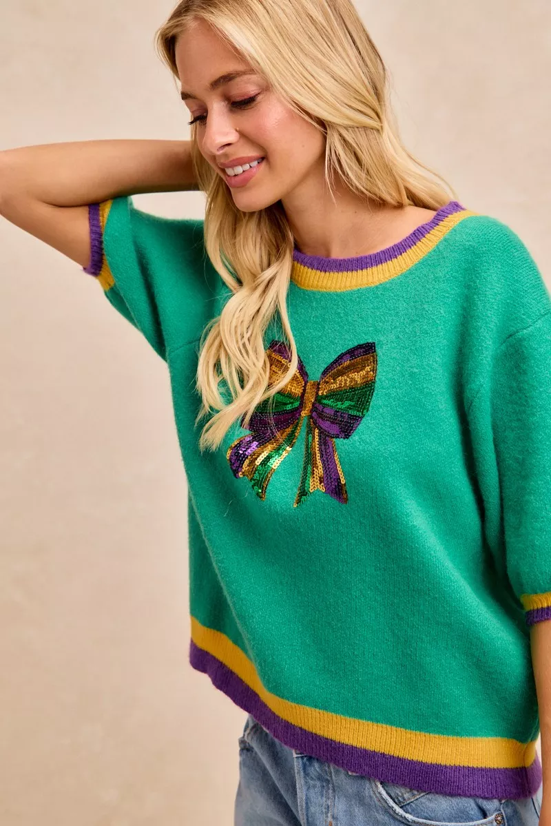 BiBi Mardi Gras Sequin Ribbon Patched Sweater - Image 6