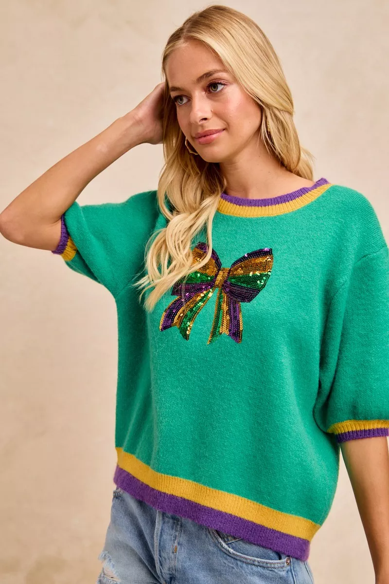 BiBi Mardi Gras Sequin Ribbon Patched Sweater - Image 7