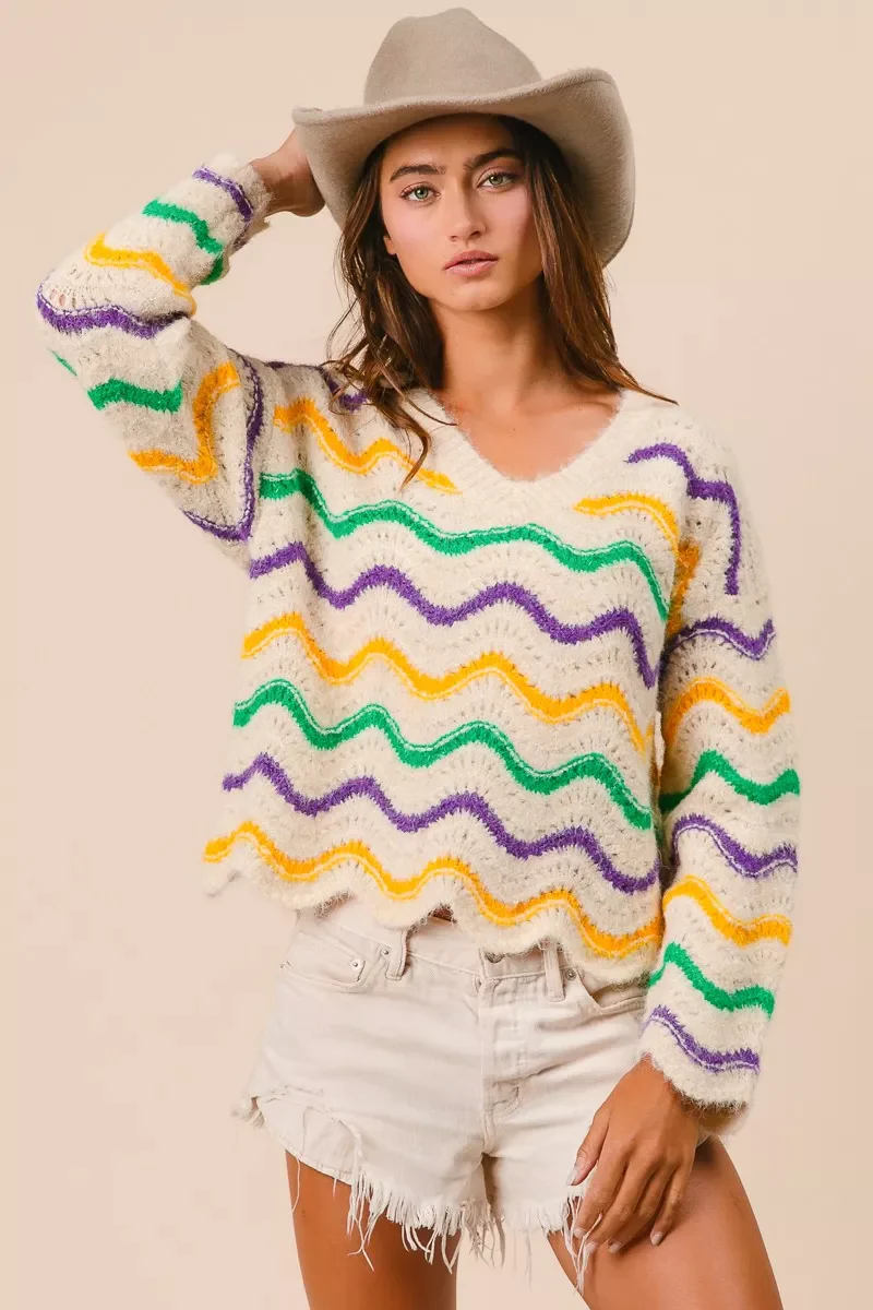BiBi Mardi Gras Wavy Stripes V-Neck Sweater - Image 10