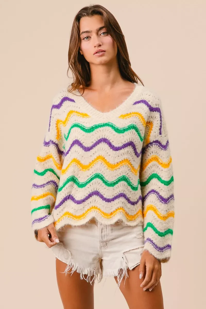 BiBi Mardi Gras Wavy Stripes V-Neck Sweater - Image 11