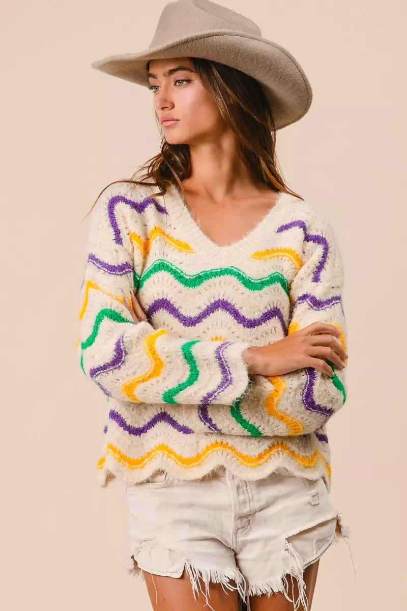BiBi Mardi Gras Wavy Stripes V-Neck Sweater - Image 15