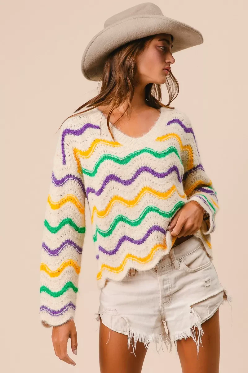 BiBi Mardi Gras Wavy Stripes V-Neck Sweater - Image 6