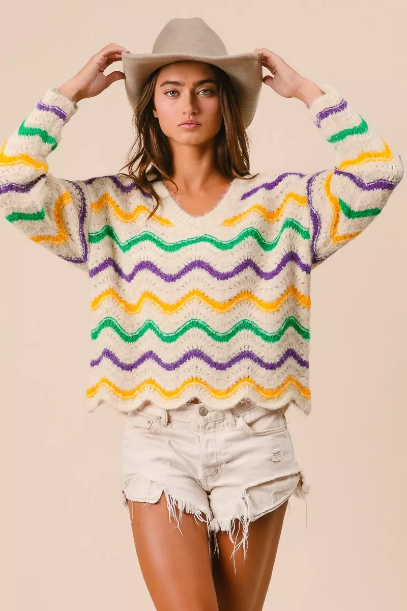 BiBi Mardi Gras Wavy Stripes V-Neck Sweater - Image 8