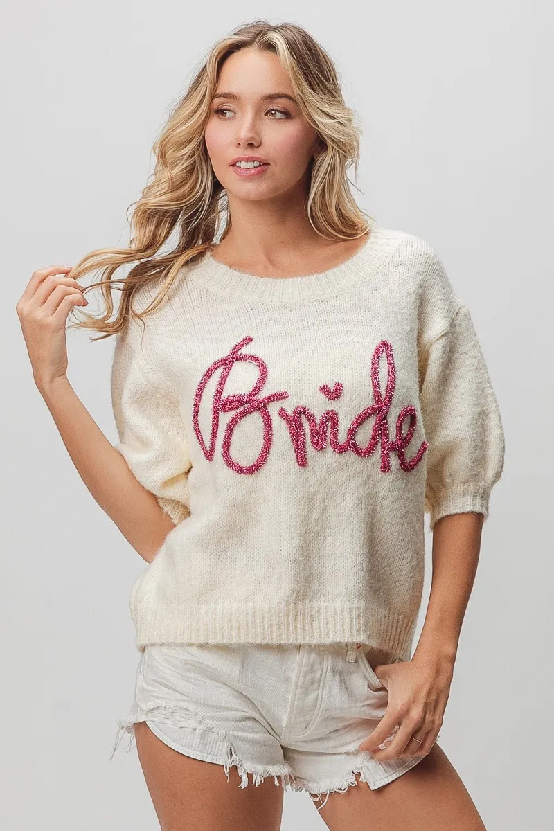 BiBi Metallic Letter Short Puff Sleeve Hairy Sweater - Image 16