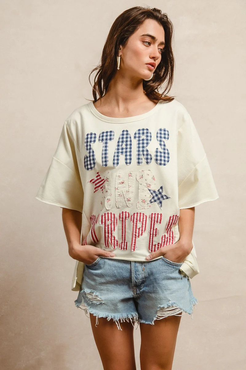BiBi Mix And Match Stars And Stripes Patchwork Short Sleeve T-Shirt - Image 3