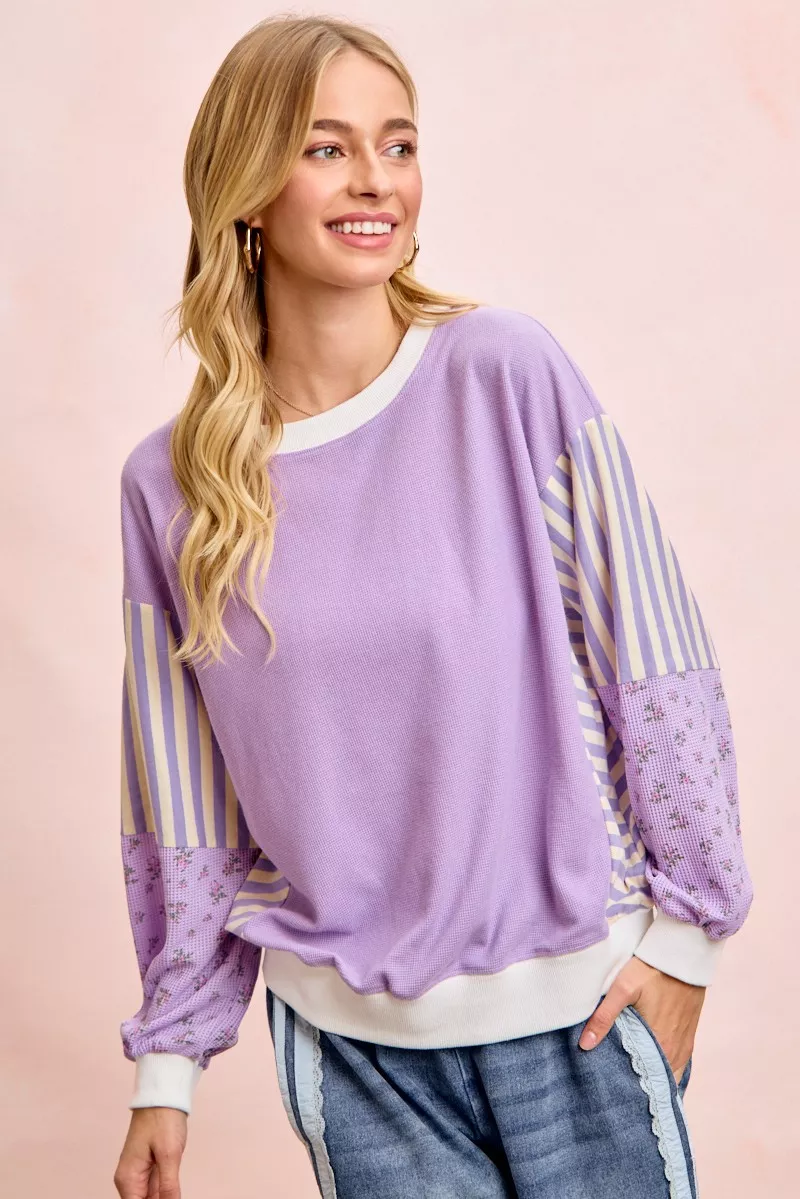 BiBi Mix and Match Sweatshirt with Floral Sleeve Striped - Image 3