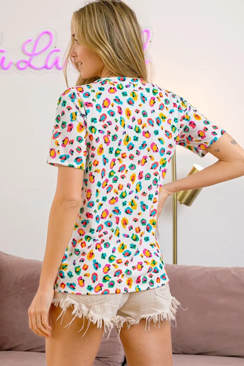 BiBi Multi Color Leopard Jersey Shirred V Neck Top - Image 20