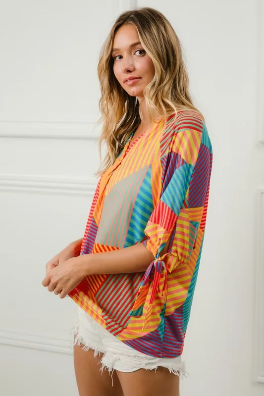 BiBi Multi Stripe Block Printed Jersey Blouse with Tied Sleeves - Image 5