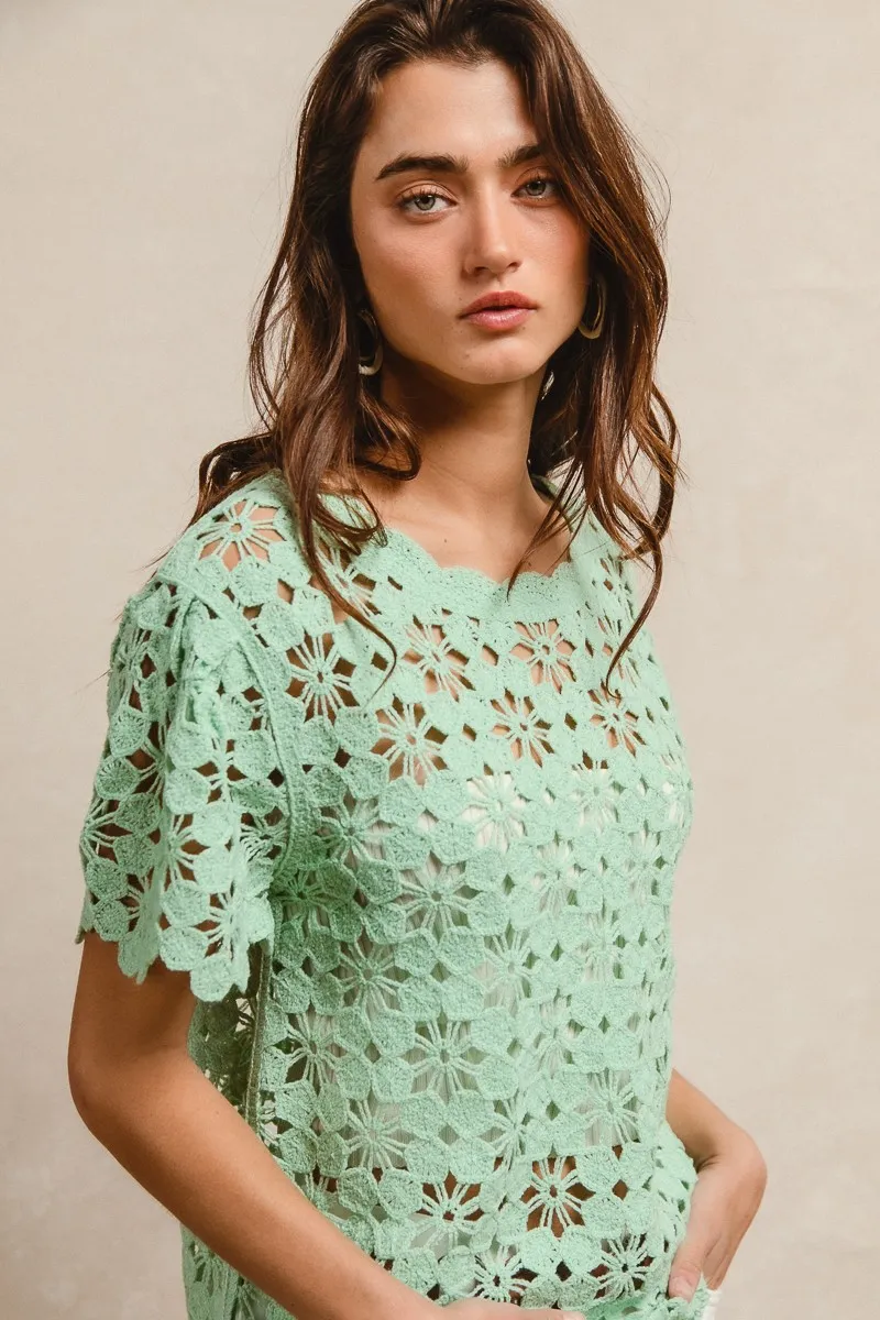 BiBi Openwork Crochet Short Sleeve Knit Top - Image 10
