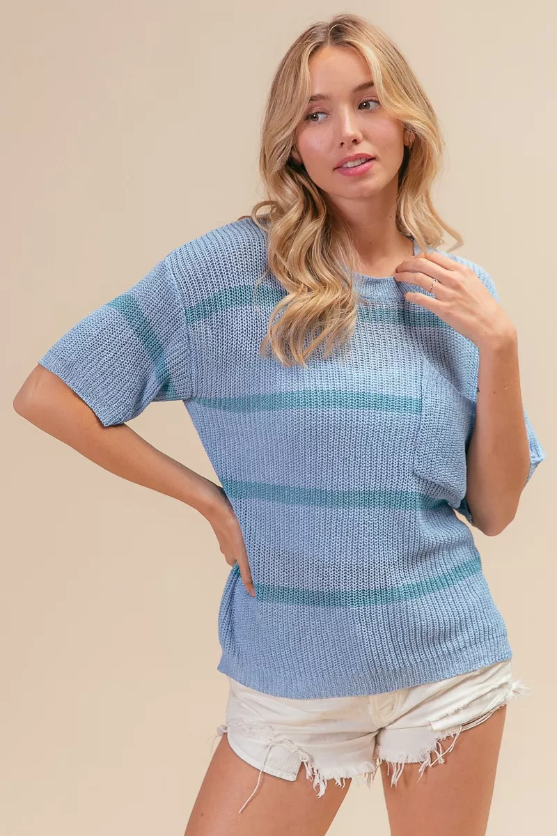 BiBi Patch Pocket Striped Lightweight Sweater Top - Image 10