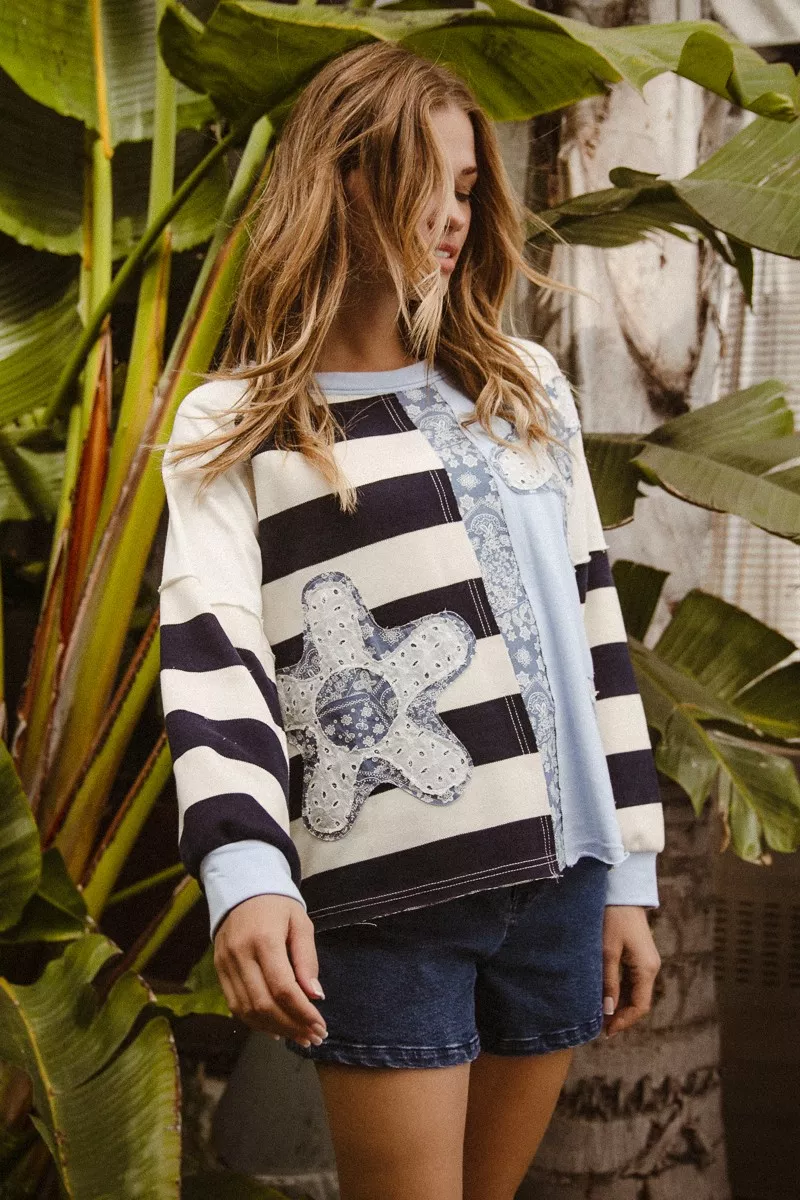 BiBi Patchwork Striped Round Neck Sweatshirt - Image 16