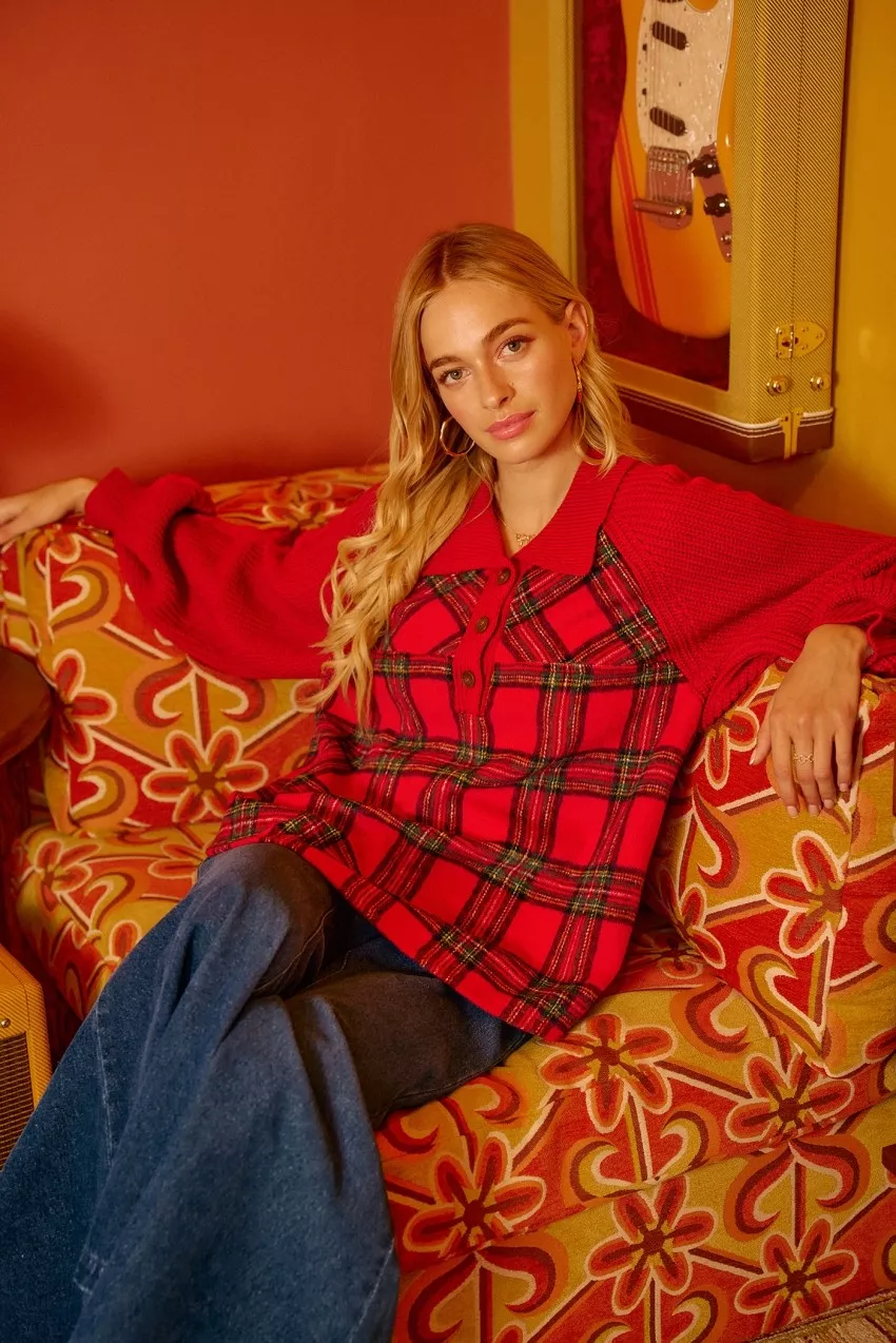 BiBi Plaid Buttoned Collared Top with Sweater Sleeve - Image 2