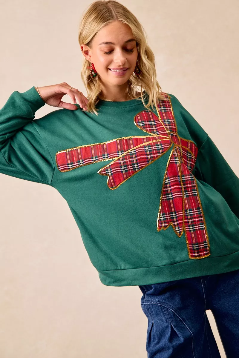 BiBi Plaid Ribbon Bow Detail Christmas Fleece Pullover - Image 15